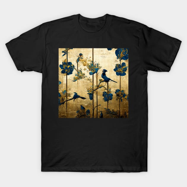 Blue and gold chinoiserie painting with birds and flowers T-Shirt by Riverside-Moon